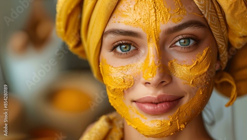 A person with a facial mask made of a golden paste and wrapped in a matching yellow headscarf. The background is softly blurred, providing focus on the face and details of the facial treatment.