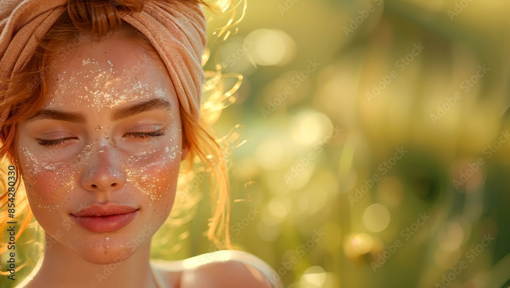 A serene woman with closed eyes has glitter on her face, surrounded by dreamy, sunlit foliage.