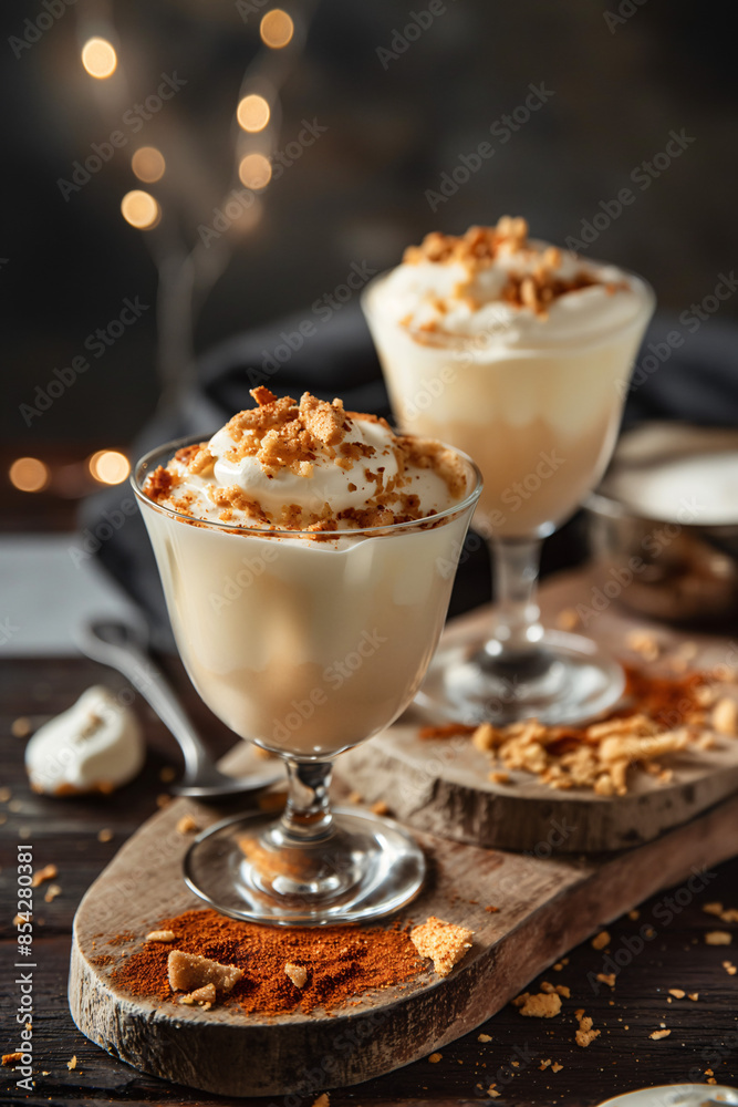 Two glasses filled with a creamy dessert topped with crumbled cookies sit on a wooden board with scattered crumbs Two glasses filled with a creamy dessert topped with crumbled cookies sit on a wooden board with scattered crumbs