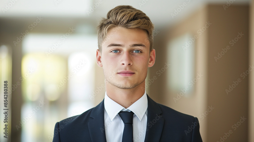 Fototapeta premium A young businessperson in a well-fitted suit, crisp white shirt, and tasteful tie stands confidently against a neutral background. Soft lighting highlights their composed, approachable expression, mak
