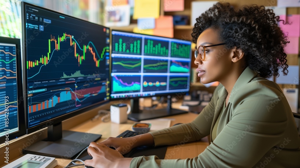 A woman analyzes financial data on multiple computer monitors A woman analyzes financial data on multiple computer monitors