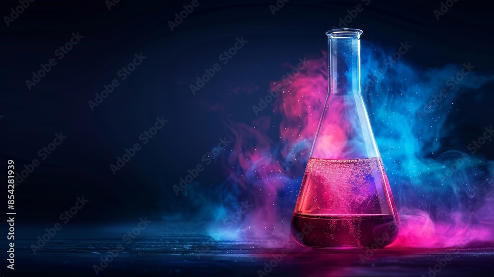 Abstract image of a scientific flask with colorful smoke, illustrating a concept of chemistry, experimentation, and research in a dark background. Abstract image of a scientific flask with colorful smoke, illustrating a concept of chemistry, experimentation, and research in a dark background.