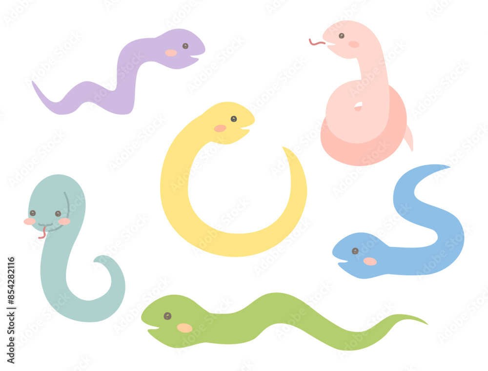 巳年の年賀状などにも使えるカラフルで可愛い蛇のキャラクターのイラストのセット