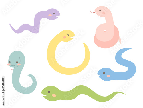 巳年の年賀状などにも使えるカラフルで可愛い蛇のキャラクターのイラストのセット