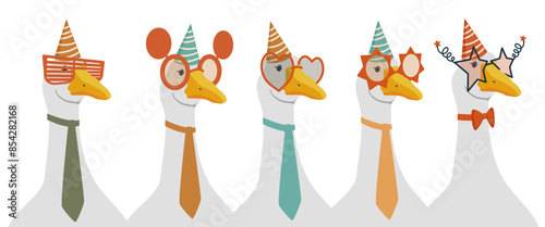 Five cheerful geese in glasses and caps. Goose in a tie. Gray bird. Kit. Bird team. Flat vector illustration, eps10