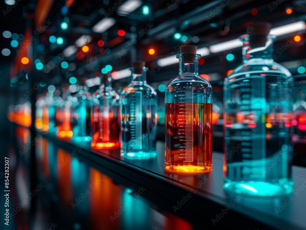 Row of colorful liquid-filled glass bottles with stoppers on a reflective surface, illuminated in a vibrant, futuristic laboratory setting. Row of colorful liquid-filled glass bottles with stoppers on a reflective surface, illuminated in a vibrant, futuristic laboratory setting.