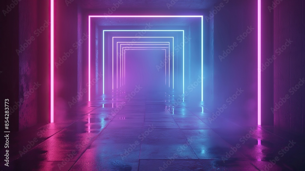 Abstract background with neon lights. Glowing neon lines in the dark tunnel Abstract background with neon lights. Glowing neon lines in the dark tunnel