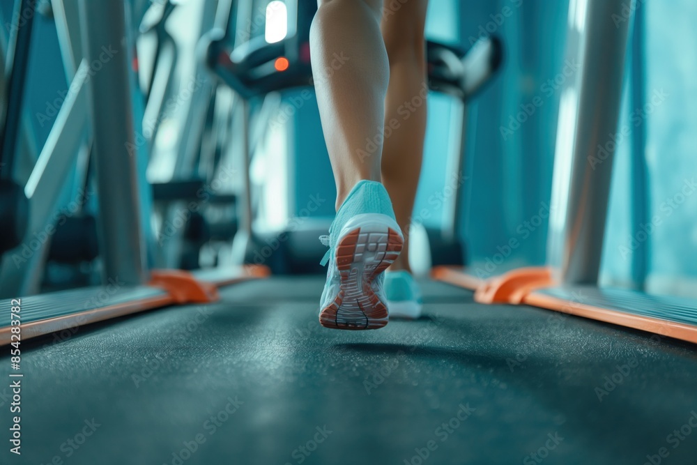 Fototapeta premium Jogging on a treadmill. Exercising in the gym. Legs closeup