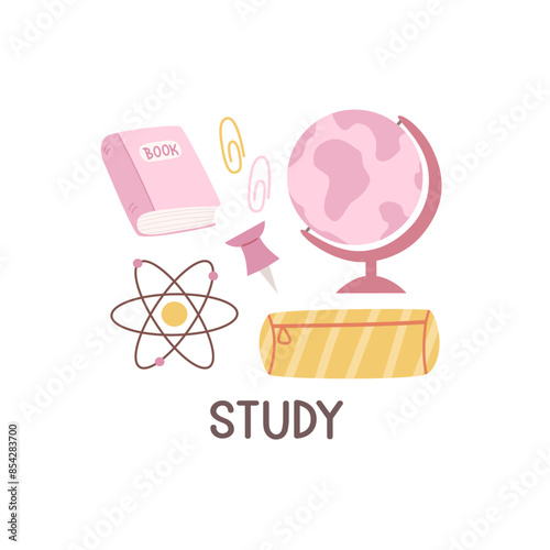 Study. Cartoon set for children with thematic elements, hand drawing lettering. Colorful vector illustration, flat style. design for cards, print, poster, cover