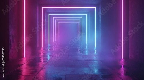 Abstract background with neon lights. Glowing neon lines in the dark tunnel