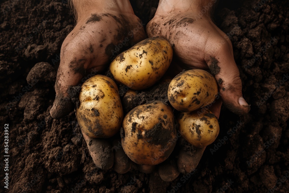 Potatoes in hands on soil background. Selective focus Potatoes in hands on soil background. Selective focus