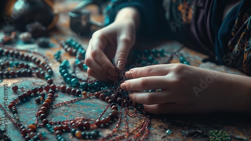 Close-up of the hands of a young woman with beads on the table © MadMouse