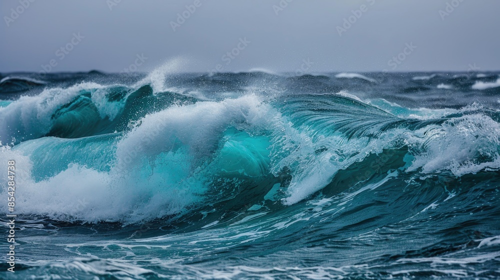 Beautiful close up of turquoise waves in stormy ocean