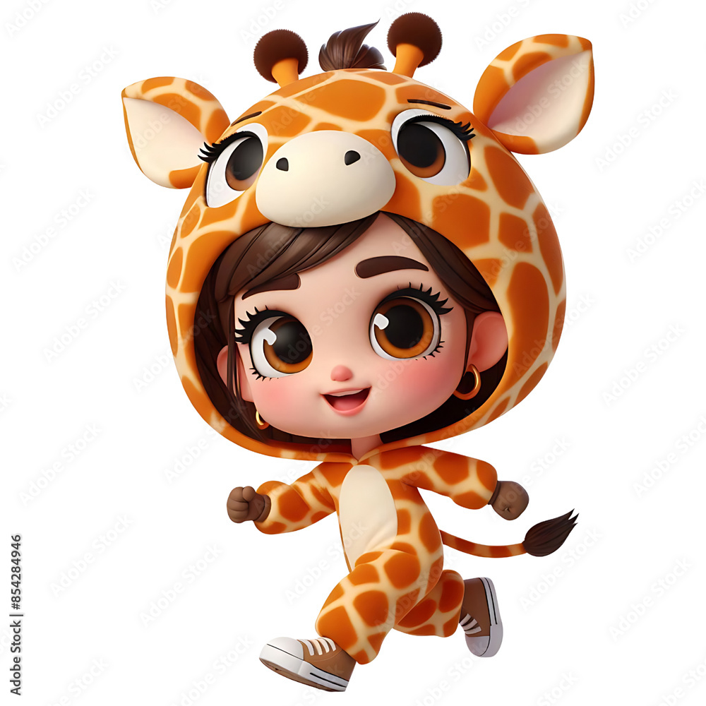 3D Cartoon Running Girl in Giraffe Mascot Isolated, Transparent Background