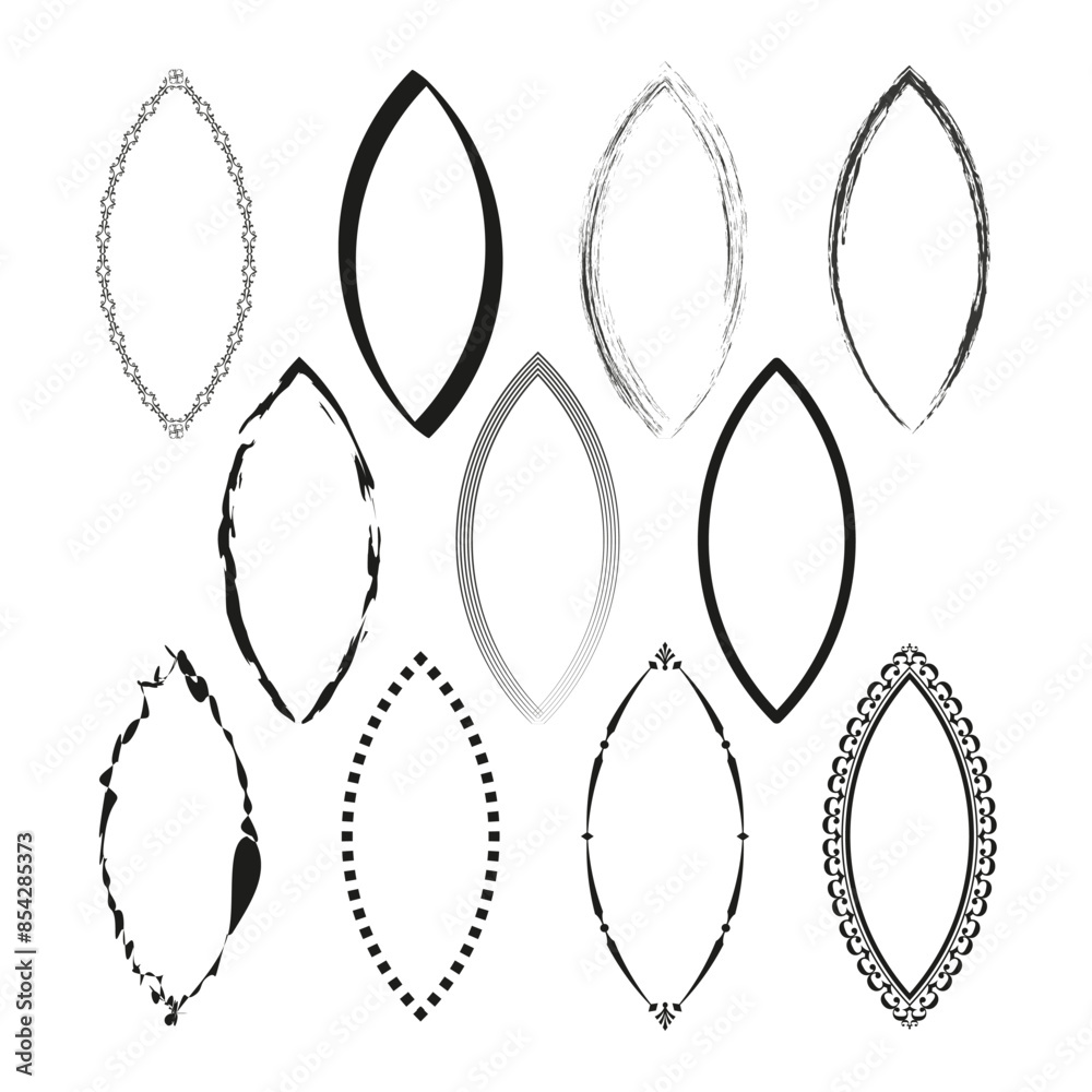 Vector oval frames. Decorative black shapes. Elegant and distressed designs. White background.