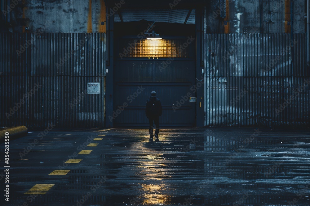 person walking away from shutdown factory person walking away from shutdown factory