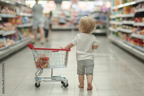 young child eagerly pushing a miniature trolley