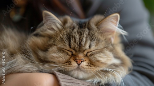 Cute sleeping baby cat in arms