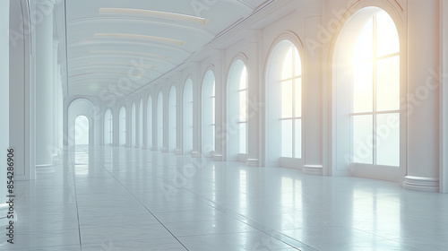Long, empty hallway with arched windows, white marble floor.