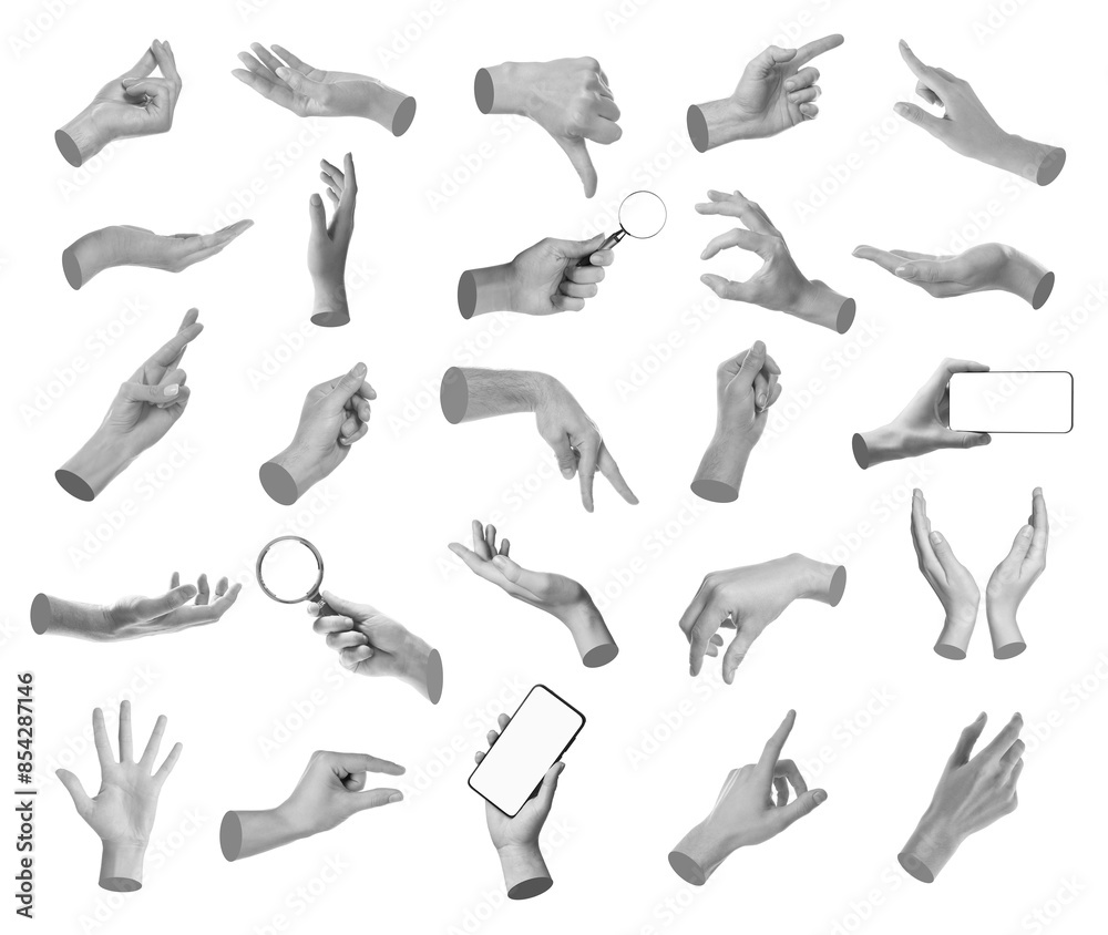 Set of different hand gestures isolated on white, black and white Set of different hand gestures isolated on white, black and white