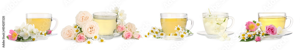 Delicious herbal tea in cups and beautiful flowers on white background, set Delicious herbal tea in cups and beautiful flowers on white background, set