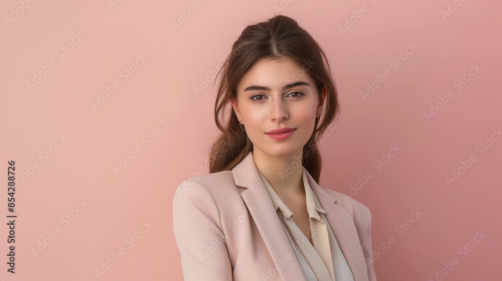 A young businesswoman in a stylish pastel blazer and blouse exudes modern sophistication. Her neatly styled hair complements her polished look. The pastel background creates an inviting atmosphere. A young businesswoman in a stylish pastel blazer and blouse exudes modern sophistication. Her neatly styled hair complements her polished look. The pastel background creates an inviting atmosphere.
