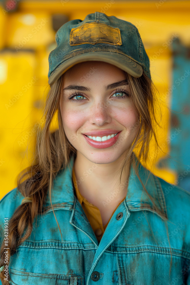 A woman wearing a blue jacket and a green hat is smiling A woman wearing a blue jacket and a green hat is smiling