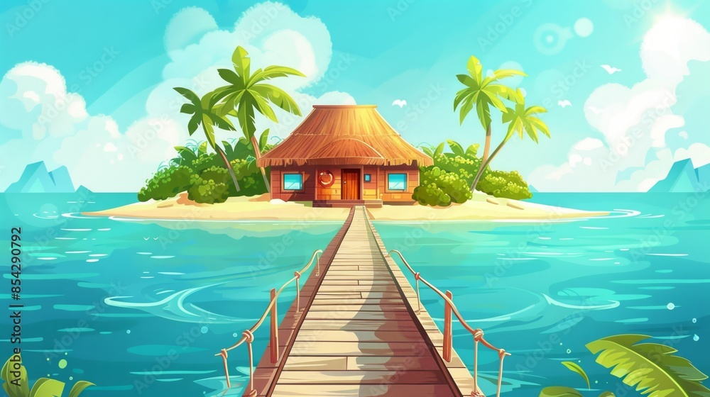 Naklejka premium Vector illustration of beautiful scenic landscape of tropical sea beach.