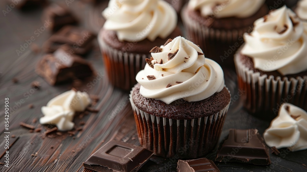 Chocolate cupcakes with cream on a dark wooden surface Chocolate cupcakes with cream on a dark wooden surface