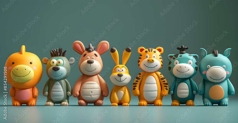 Obraz premium A group of stuffed animals are lined up in a row, including a giraffe, a bear