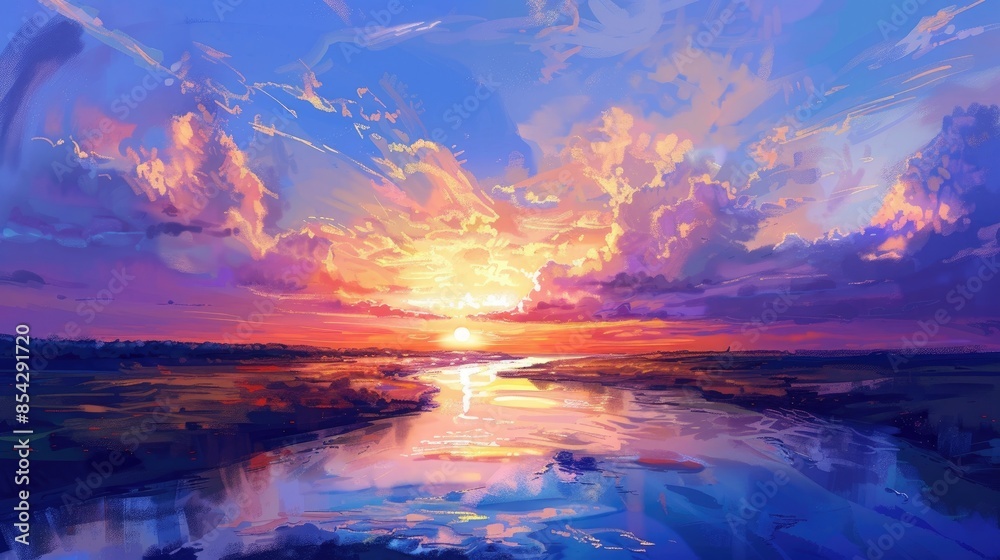 Sunset scenery of a blue river beneath clouds