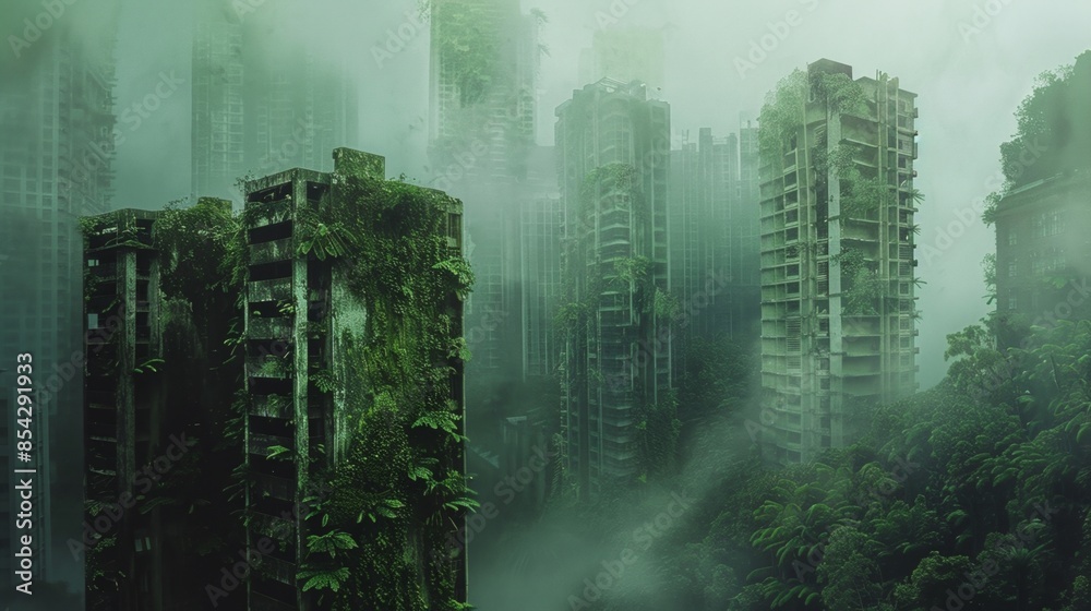 Abandoned city debris with green plants growing. Post apocalypse scene. Abandoned city debris with green plants growing. Post apocalypse scene.