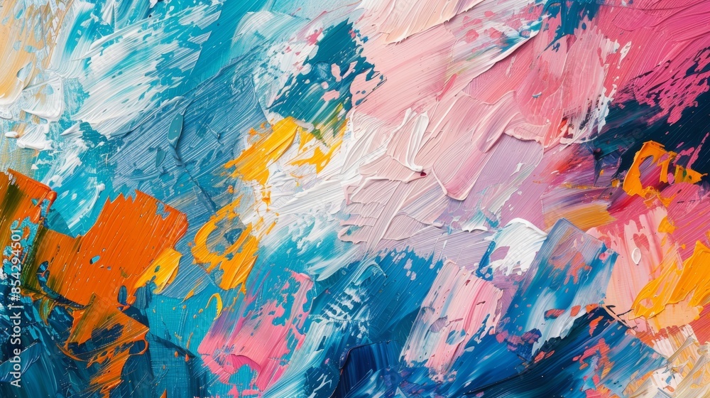 Close-up of a vibrant abstract painting with textured brushstrokes in shades of blue, pink, orange, and white. Close-up of a vibrant abstract painting with textured brushstrokes in shades of blue, pink, orange, and white.