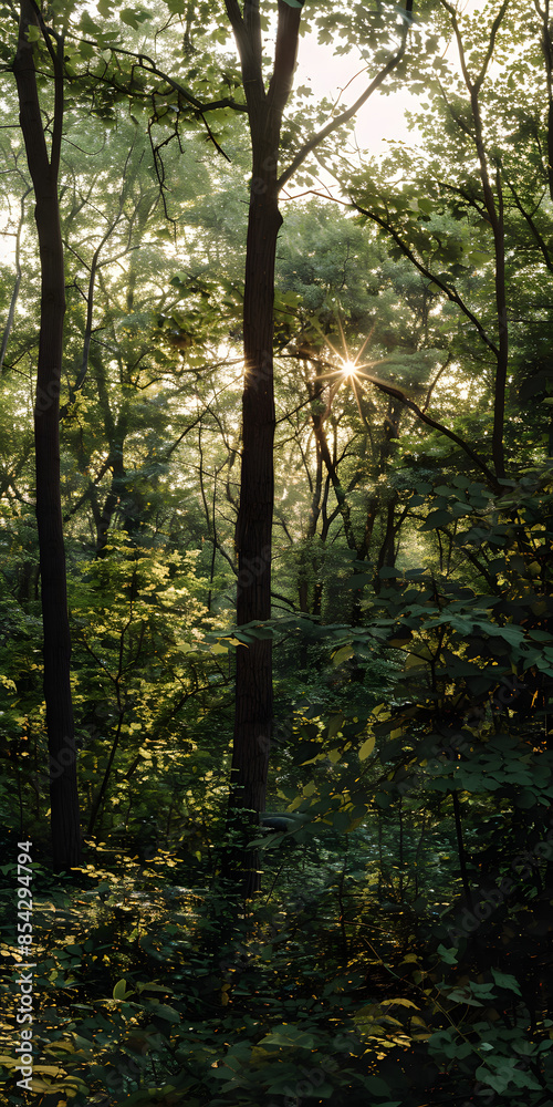 Obraz premium Tarde tranquila na floresta com raios de sol entre as árvores