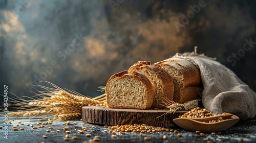 Sliced bread with wheat grains and wheat ear in studio settings.