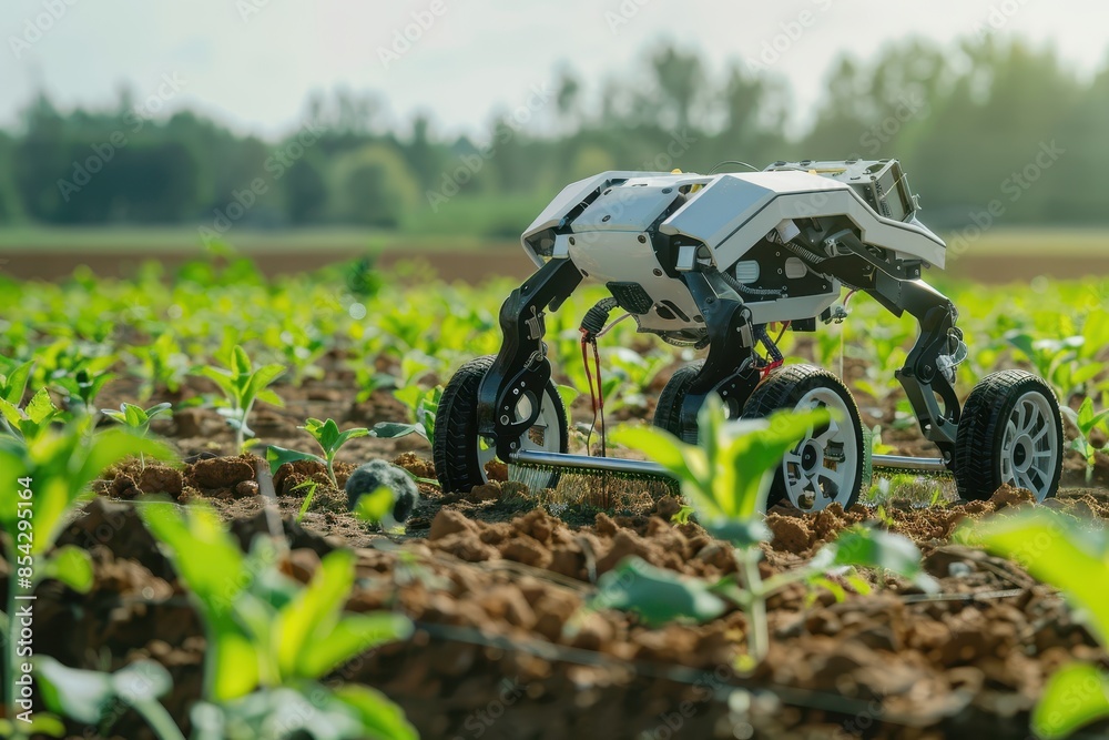 Automated robotic machine working in a field with young plants, showcasing modern agricultural technology and innovation. Automated robotic machine working in a field with young plants, showcasing modern agricultural technology and innovation.