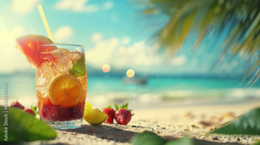 tropical fruit cocktail on sandy beach with refreshing ocean view perfect for summer tropical fruit cocktail on sandy beach with refreshing ocean view perfect for summer