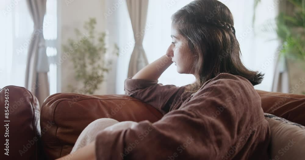 Depression, overthinking and sad woman on sofa with mistake anxiety, regret or mental health crisis at home. Nervous, fail or girl with broken heart in living room with fear, trauma or conflict guilt Depression, overthinking and sad woman on sofa with mistake anxiety, regret or mental health crisis at home. Nervous, fail or girl with broken heart in living room with fear, trauma or conflict guilt