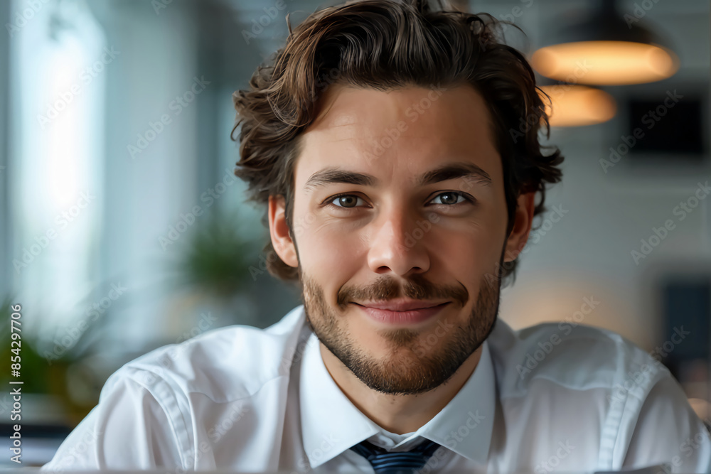 Portrait of young businessman in shirt, man smiling and looking at camera at workplace inside office, accountant with calculator behind paper work signing contracts and financial reports Portrait of young businessman in shirt, man smiling and looking at camera at workplace inside office, accountant with calculator behind paper work signing contracts and financial reports