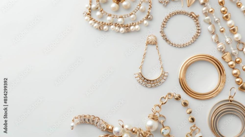 Fashion jewelry and luxurious pearls on white background with copy space for text Fashion jewelry and luxurious pearls on white background with copy space for text