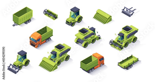 Farm vehicles isometric set. Icons with agricultural machinery for tillage. Tractor, combine, cultivator, automated plow and harvester. 3D vector collection isolated on white background