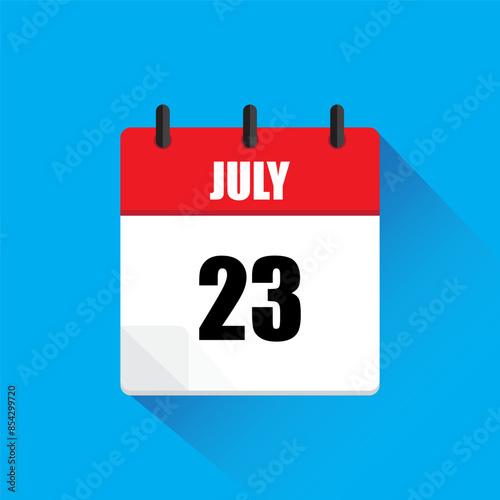 Calendar page icon. July twenty third. Red and white design. Blue background.