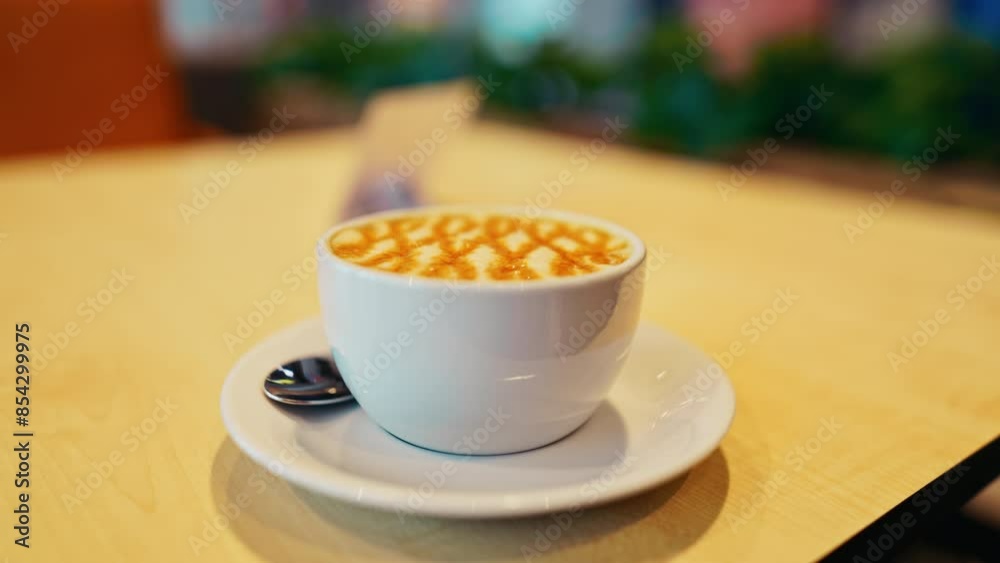 Experience the serene beauty of a Caramel Latte Macchiato unfolding in slow motion on a wooden table Experience the serene beauty of a Caramel Latte Macchiato unfolding in slow motion on a wooden table