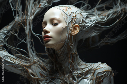 Robot with a human shape, a woman, with white colors and a very fine and pretty face, generative AI