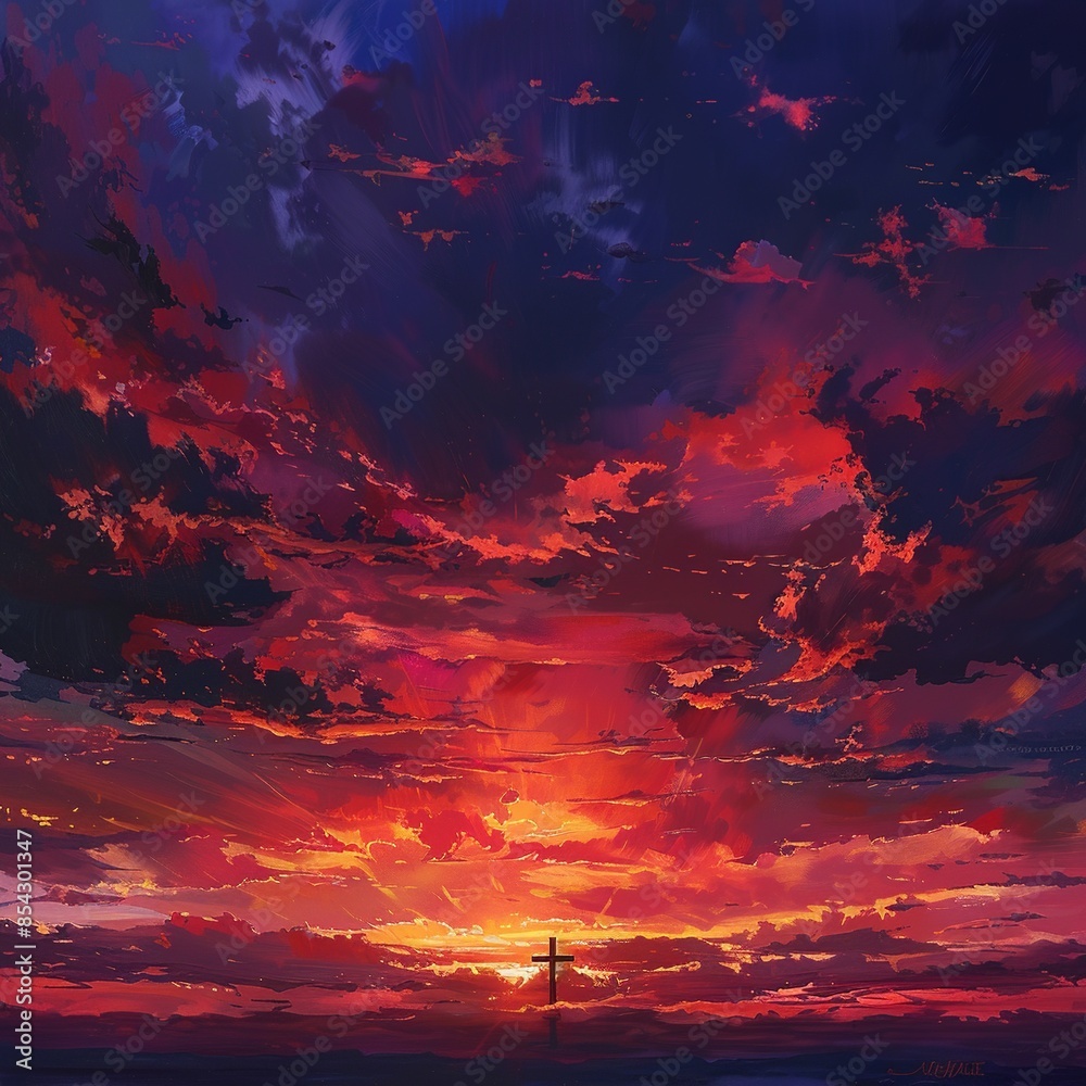 Cross amidst beautiful clouds, symbolizing faith and serenity. Perfect for themes of spirituality and divine inspiration.