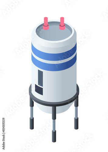 Isometric compressed gas storage tank. Icon with vertical type industrial barrel with liquefied gas, propane or butane under high pressure. 3D vector illustration isolated on white background