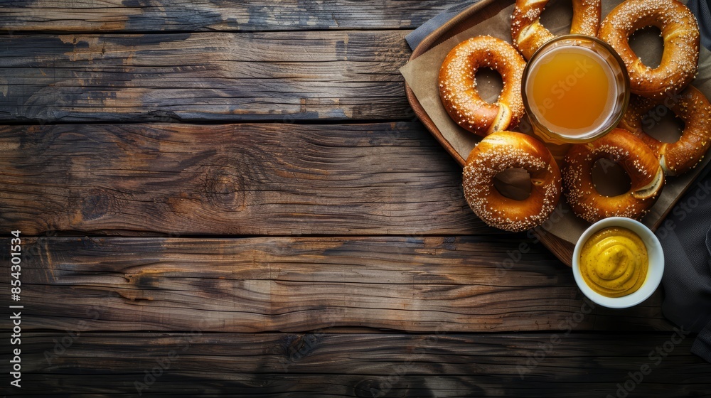 Traditional Oktoberfest set. Pretzels, beer, weisswurst and eisbein with mustard. German festival food concept. Trendy hard light, dark shadow, wooden background, top view Traditional Oktoberfest set. Pretzels, beer, weisswurst and eisbein with mustard. German festival food concept. Trendy hard light, dark shadow, wooden background, top view