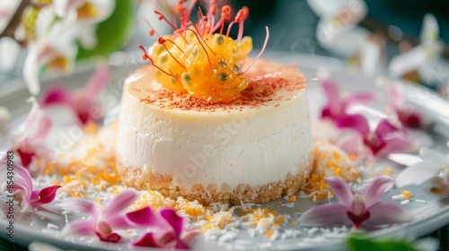 A sweet escape to paradise with coconut panna cotta lychee coconut cookies and passion fruit swirl cheesecake. photo