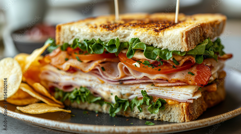 A detailed shot of a towering club sandwich with layers of turkey, ham, bacon, lettuce, tomato, and mayonnaise, held together with toothpicks and served with a side of potato chips. The background is A detailed shot of a towering club sandwich with layers of turkey, ham, bacon, lettuce, tomato, and mayonnaise, held together with toothpicks and served with a side of potato chips. The background is