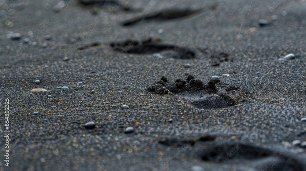 Bird footprints on damp volcanic beach sand Bird footprints on damp volcanic beach sand